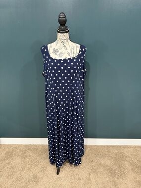 Susan Graver Liquid Knit Maxi Dress XL Navy White Polka Dot Sleeveless Pockets